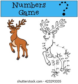 Educational games for kids: Numbers game with contour. Little cute deer stands and smiles.