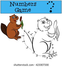 Educational games for kids: Numbers game with contour. Little cute beaver sits and smiles.