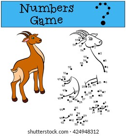 Educational games for kids: Numbers game. Little cute antelope stands and smiles.