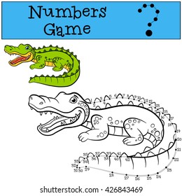 Educational games for kids: Numbers game with contour. Little cute alligator smiles.