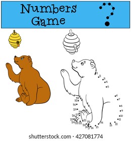 Educational games for kids: Numbers game. Cute bear looks at the beehive and smiles.