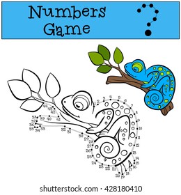 Educational games for kids: Numbers game with contour. Little cute blue chameleon sleeps on the tree branch.