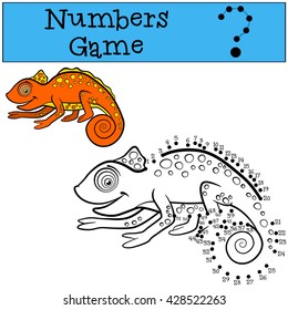 Educational games for kids: Numbers game. Little cute orange chameleon smiles.