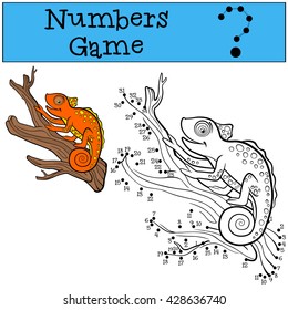 Educational games for kids: Numbers game. Little cute orange chameleon smiles.