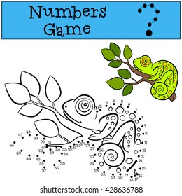 Educational games for kids: Numbers game. Little cute green chameleon sits on the tree branch and smiles.