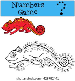 Educational games for kids: Numbers game with contour. Little cute red chameleon smiles.