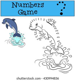 Educational games for kids: Numbers game. Little cute dolphin jumps out of the water and smiles.