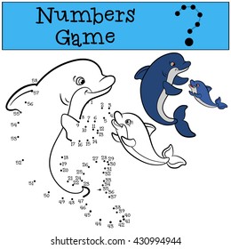 Educational Games For Kids: Numbers Game. Mother Dolphin Swims With Her Little Cute Baby Dolphin And Smiles.