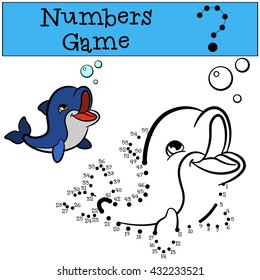 Educational games for kids: Numbers game. Little cute baby dolphin swims and smiles.