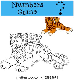 Educational games for kids: Numbers game. Mother tiger lays with her little cute baby tiger. 