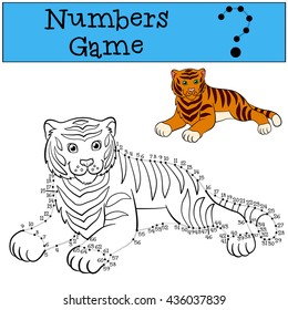 Educational games for kids: Numbers game with contour. Cute tiger lays and smiles.