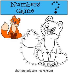 Educational games for kids: Numbers game with contour. Little cute baby fox sits and smiles.