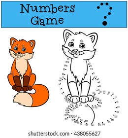 Educational games for kids: Numbers game. Little cute baby fox sits and smiles.