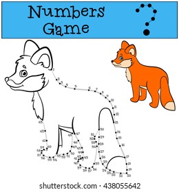 Educational games for kids: Numbers game with contour. Little cute baby fox stands and smiles.