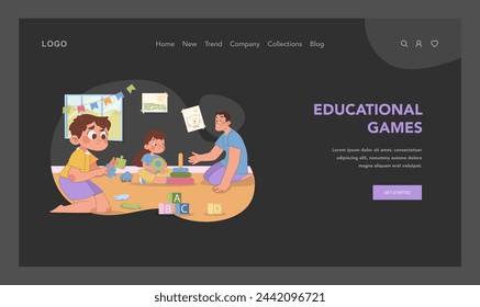 Educational games in kindergarten. Engaged children and teacher interacting with learning toys, promoting cognitive growth and fun. Classroom rich in development. Flat vector illustration