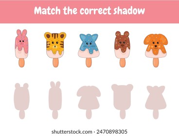 Educational games, learning worksheets for kids. Find the correct shadow for each object. Preschool kindergarten educational Montessori activity. Learning, early development game.