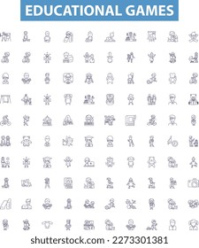 Educational games line icons, signs set. Educational, Games, Learning, Teaching, Puzzles, Quizzes, Gameshows, Simulations, Charades outline vector illustrations.