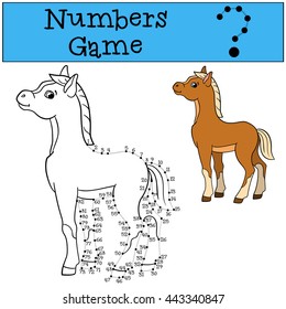 Educational games: Numbers game with contour. Little cute foal smiles.