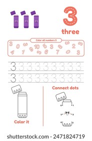 Educational games on one page for kids. Color page, dot to dot, trace. Learn number 3