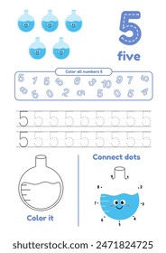 Educational games on one page for kids. Color page, dot to dot, trace. Learn number 5