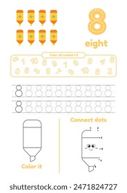 Educational games on one page for kids. Color page, dot to dot, trace. Learn number 8