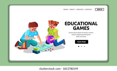 Los Juegos Educativos Juegan A Un Pequeño Vector De Chicas. Niños Jugando Juegos Educativos De Escritorio Y Ball En El Suelo. Caracteres preescolares aprendiendo y disfrutando juntos de la ilustración de dibujos planos web