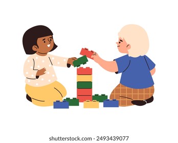 Educational games. Vector illustration showing children assembling Lego bricks on the floor. Flat graphics for posters, banners and web. Isolated background for design.