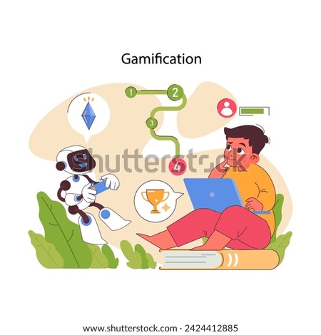 Educational gamification concept. A student engages with learning milestones through a game interface, guided by an AI robot. Flat vector illustration