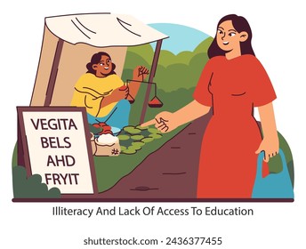 Educational gap. A woman sells produce with a misspelled sign, highlighting the barriers of illiteracy. The need for accessible education in communities. Flat vector illustration.