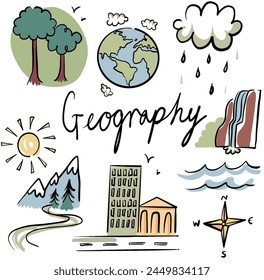 educational geography subject clip art for school, class, lesson, vector illustration poster