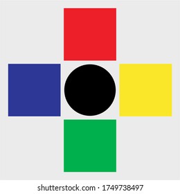 Educational geometric shapes.  colorful squares around isolated circle in the middle. Understanding of geometry poster for teaching and learning in school. Educational vector illustration. Square background