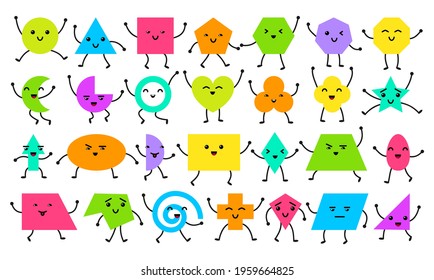 Educational geometric shapes set with hands, legs. Understanding of geometry poster for teaching and learning in school. Vector flat style cartoon shapes illustration isolated on white background