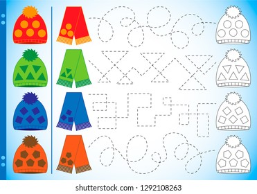 Educational geometry in pictures for children with a hint. The task is to draw a path along the dotted line and color the hat, respectively, a scarf. Worksheet for printing. Vector illustration 