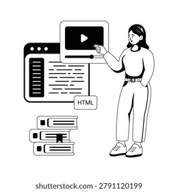 Educational glyph illustration of html coding tutorial and web training