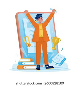 Educational graduation concept, Success in passing online exams, Virtual course certification, Get educational scholarships, Vector illustration