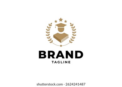 Logotipo de graduação educacional com boné de graduação e livro decorado com estrelas e trigo no estilo de design clássico de ouro de luxo