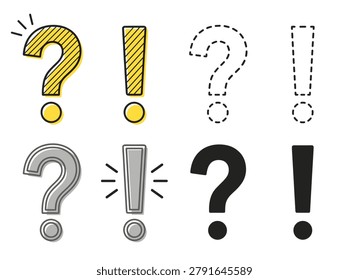 Educational grammar punctuation element pack, minimalist line style, question marks, exclamation points, and symbols