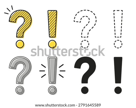 Educational grammar punctuation element pack, minimalist line style, question marks, exclamation points, and symbols