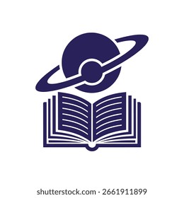 Design gráfico educacional, livro aberto com planeta orbitando.
