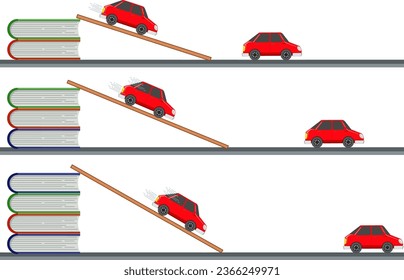 Elemento gráfico educativo que ilustra un experimento físico sobre la altura y la energía potencial gravitacional