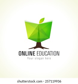 Educational Green Vector Logo. Open Book In A Shape Of Growing Tree. Internet Network Online School Icon. Virtual I.q. Courses Branding Identity.