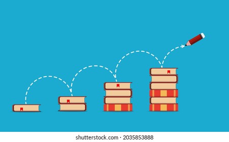El crecimiento educativo está representado por un icono del vector del libro rojo sobre un fondo azul.