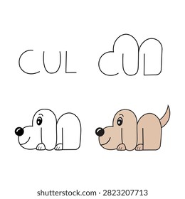 Educational guide illustrating simple steps to convert alphabetical letters into cute puppy character sketches isolated.