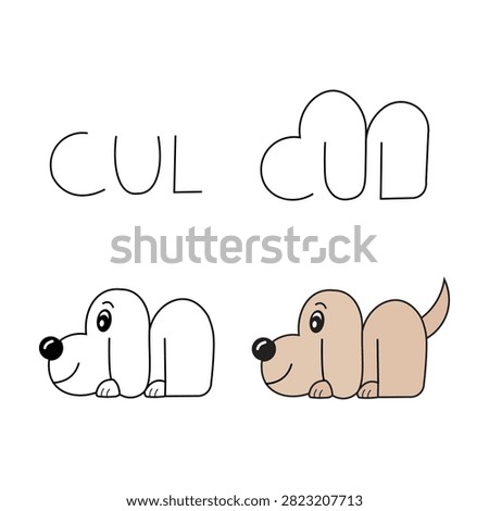Educational guide illustrating simple steps to convert alphabetical letters into cute puppy character sketches isolated.