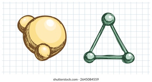 Esboço educacional desenhado à mão de estruturas atômicas e moleculares simplificadas com formas arredondadas e hastes de ligação. Ilustrado em estilo vintage em papel de caderno de grade.