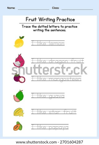 Educational handwriting worksheet for kids to practice tracing sentences about fruits. For preschool, kindergarten, and early literacy learning activities.
