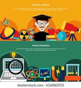 Educational horizontal banners concept set with professor and natural sciences symbols flat vector illustration