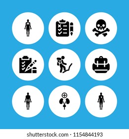 educational icon. 9 educational set with exam, human body, skull and backpack vector icons for web and mobile app