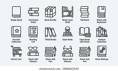 Educational icon collection featuring horizontal stacks of books library carts tilted book bundles and antique collections. Versatile design elements for bookstore websites digital library applications school education projects and literary related branding materials.