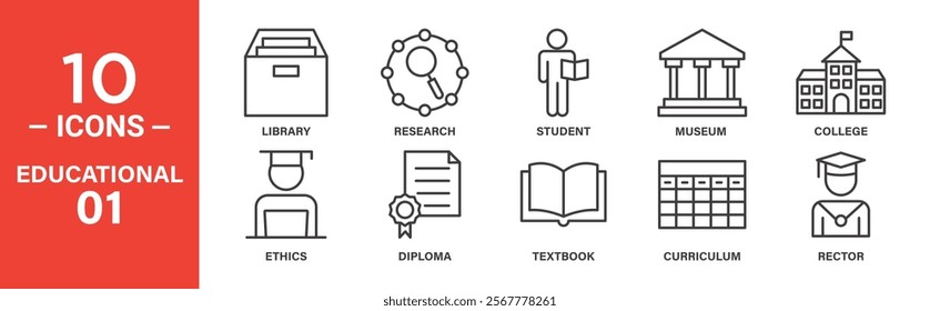 Educational Icon Set: 10 Editable Vector Icons Representing Library, Curriculum, and Student Life.